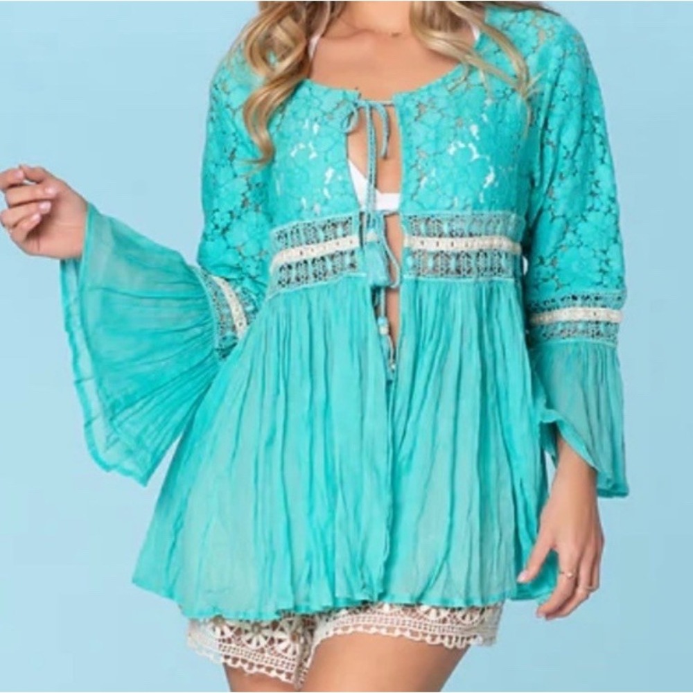 ranees lace boho top Aqua blue Cover Up Sexy Sz‎ S